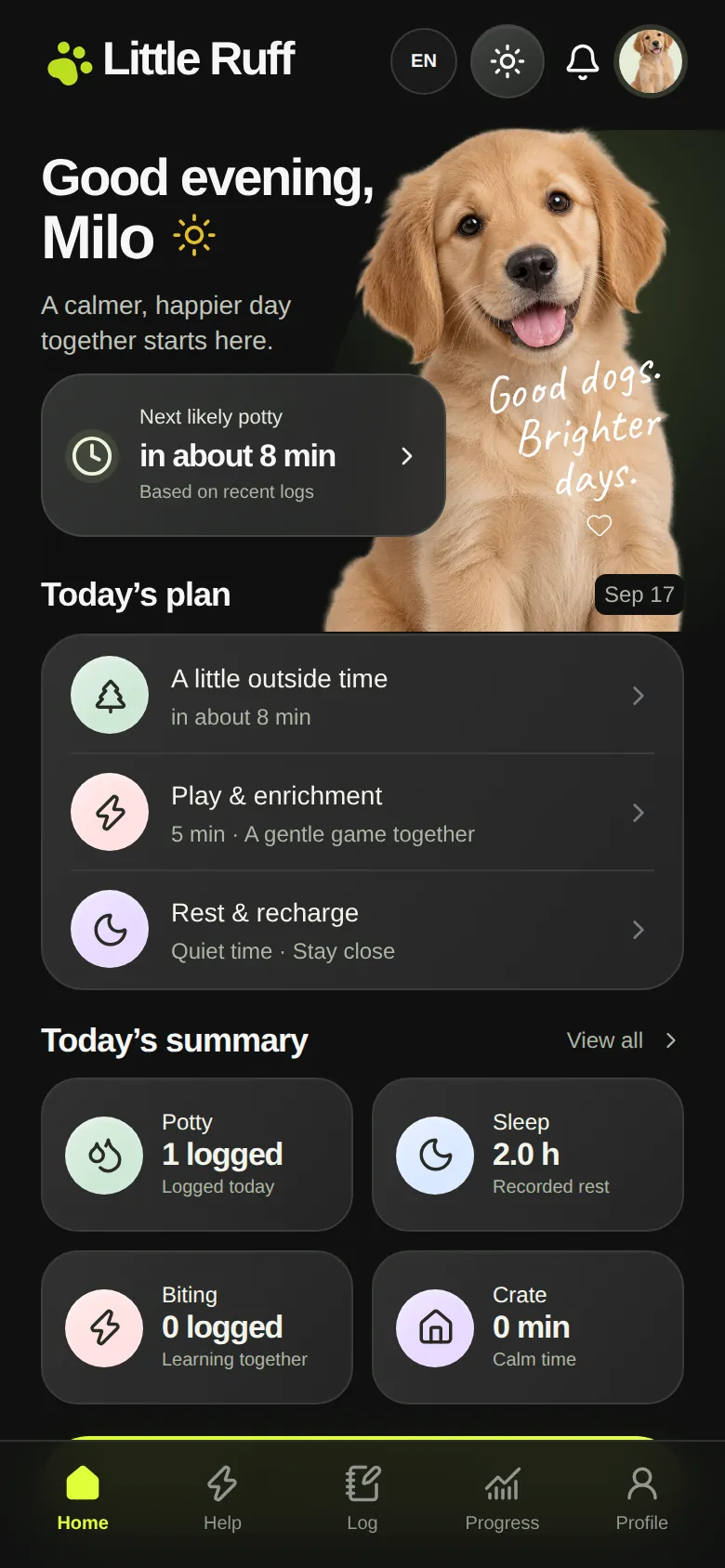 Little Ruff home screen, dark theme